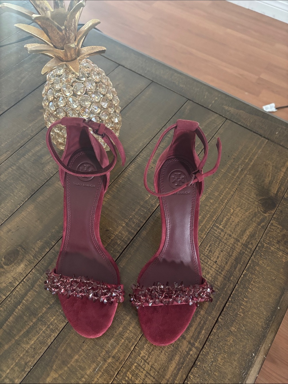 Tory Burch Burgundy Beaded Ankle-Strap Heels